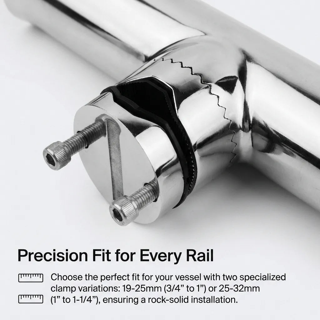 Close-up detail of the serrated adjustable mounting clamp with dual hex-head bolts for secure rail attachment.