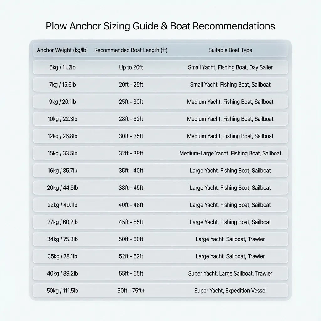 Comprehensive plow anchor sizing chart comparing anchor weight in kg and lb to recommended boat lengths from 20ft to 75ft plus.