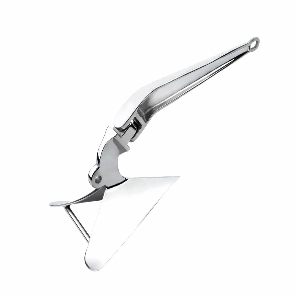 Hero shot of a high-performance 316 stainless steel plow anchor for boats with a mirror-polished finish on a clean white background.