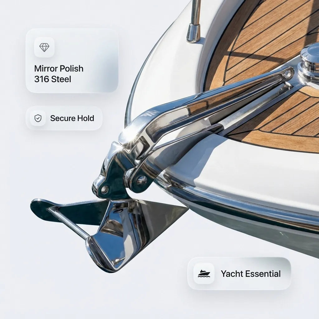 Close-up of a mirror-polished 316 stainless steel anchor mounted on the bow of a luxury yacht showing secure fit and aesthetics.