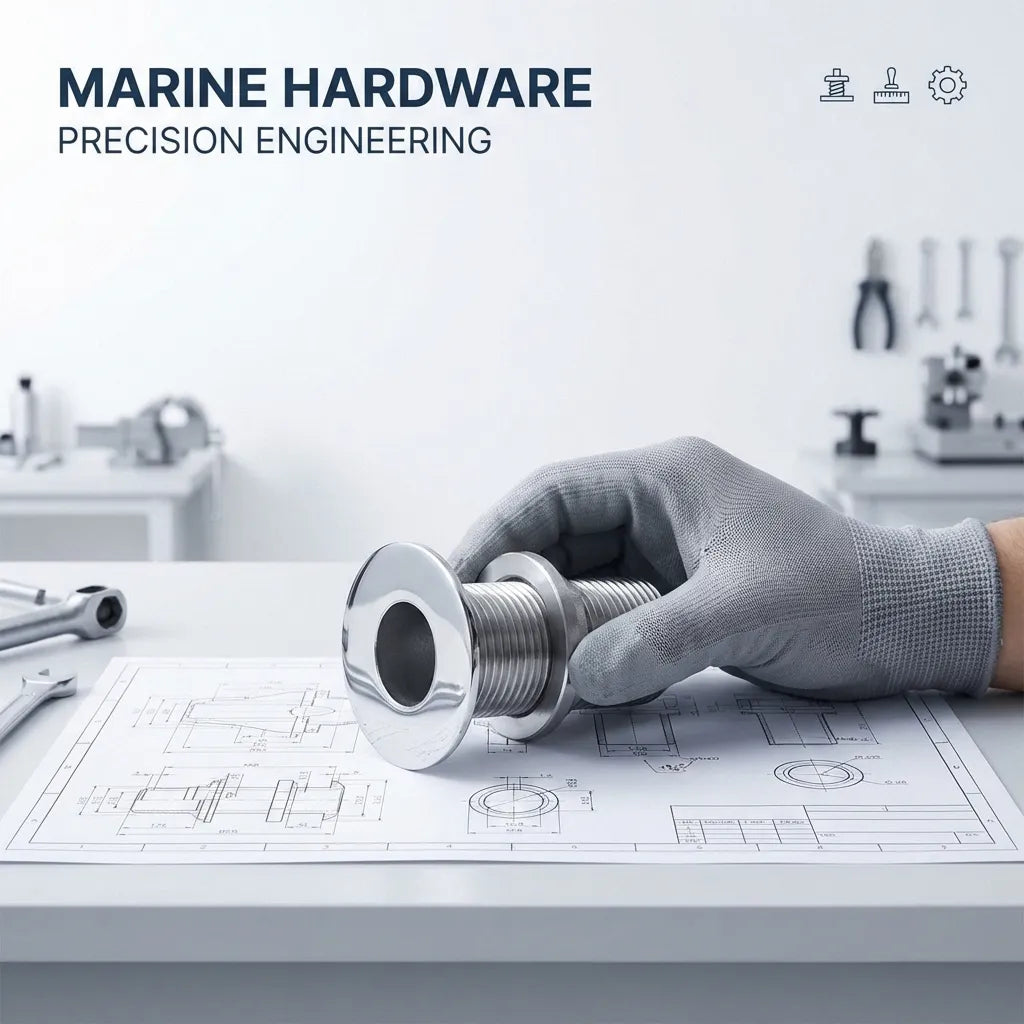 A professional engineer in a grey glove holding the thru-hull fitting over technical marine engineering blueprints in a workshop.