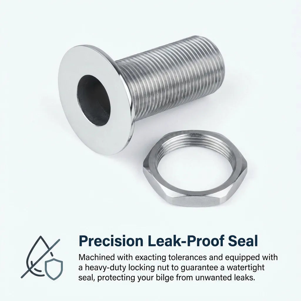 Exploded view showing the threaded thru-hull body and its heavy-duty locking nut designed for a watertight, leak-proof bilge seal.