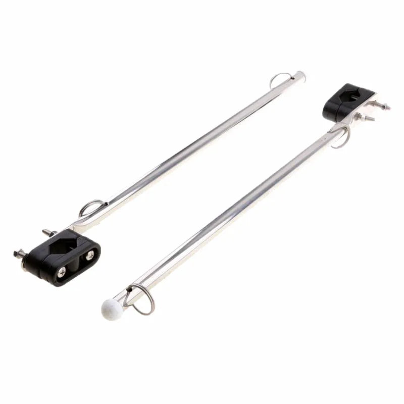 Pair of polished 316 stainless steel marine flagpoles with adjustable rail clamps for boats and yachts