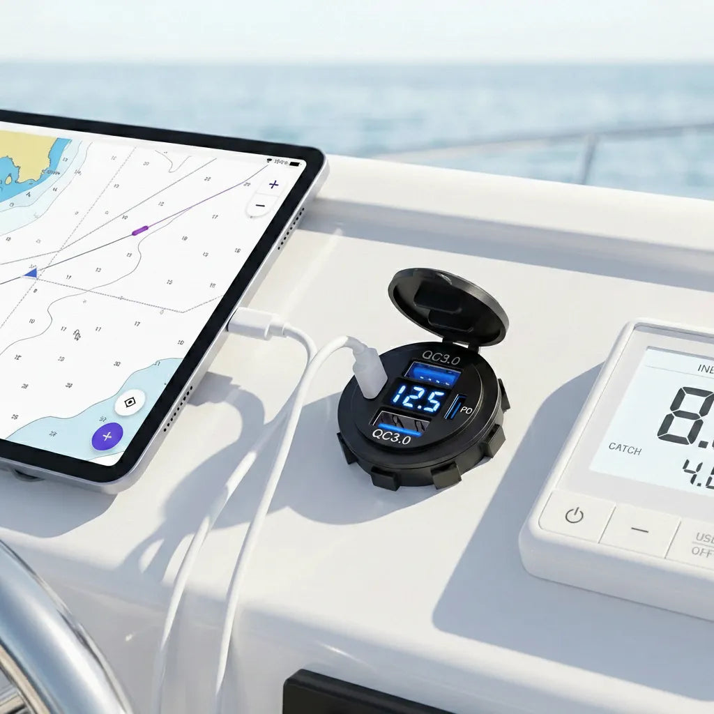 Lifestyle view of the USB charger installed in a marine vessel dashboard charging a tablet and a secondary device near a helm station.