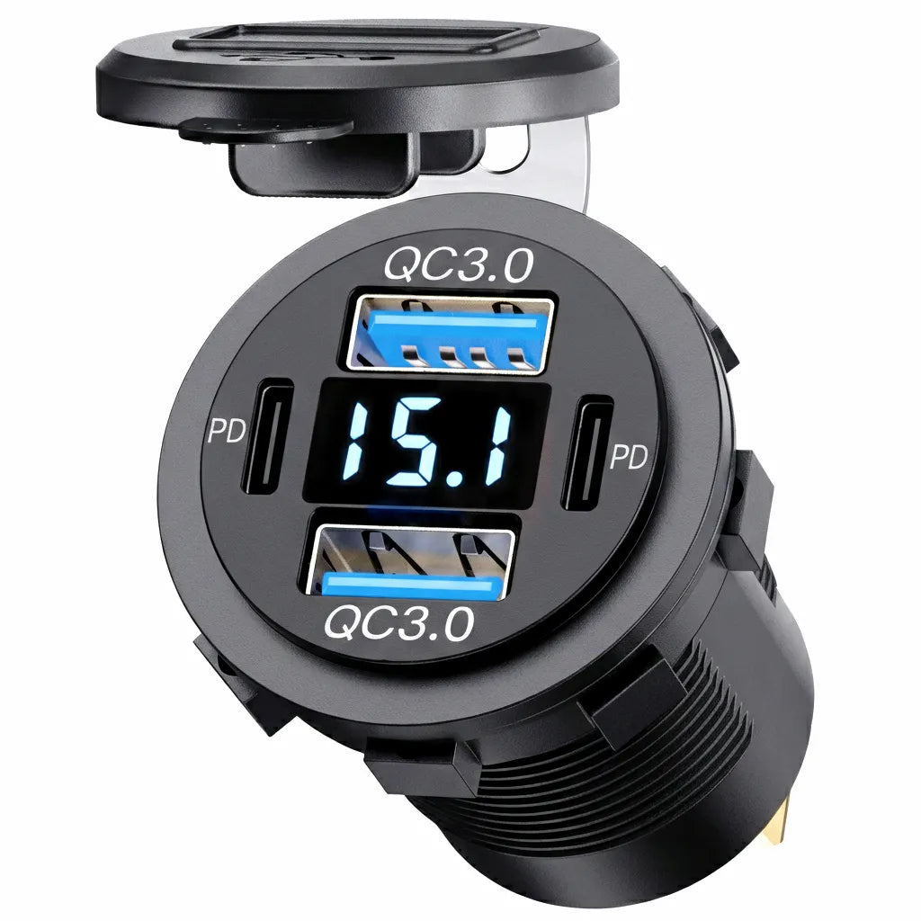 Main hero shot of the AirowMarine 4-port USB car charger socket featuring dual PD 3.0 and QC 3.0 ports with a blue LED voltmeter and a protective rubber cap open.