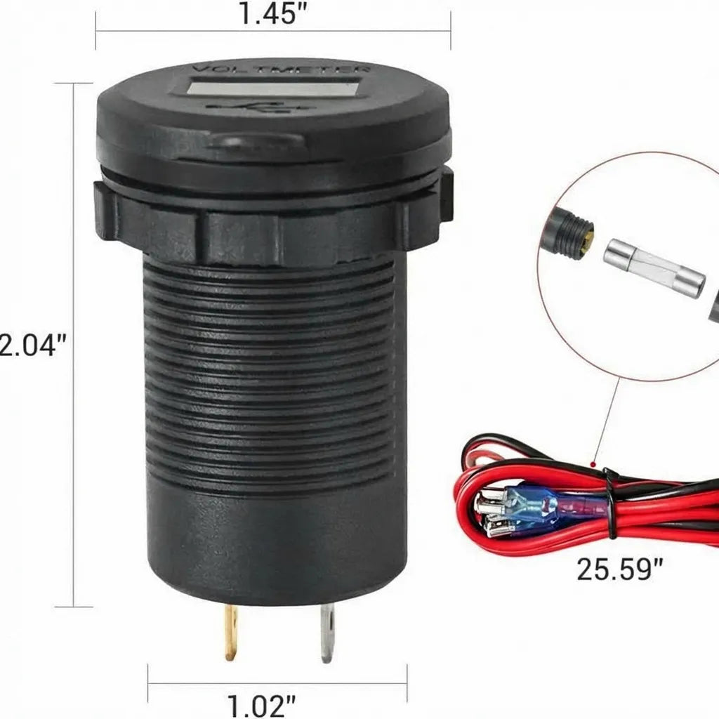 Technical dimension diagram showing 1.45 inch top diameter, 2.04 inch length, and 1.02 inch barrel diameter with a 25.59 inch fused wiring harness.