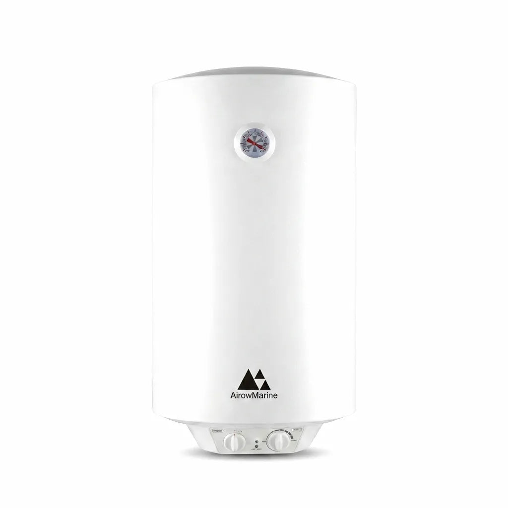 AirowMarine 50L Marine Electric Storage Water Heater with temperature gauge and control knobs on white background