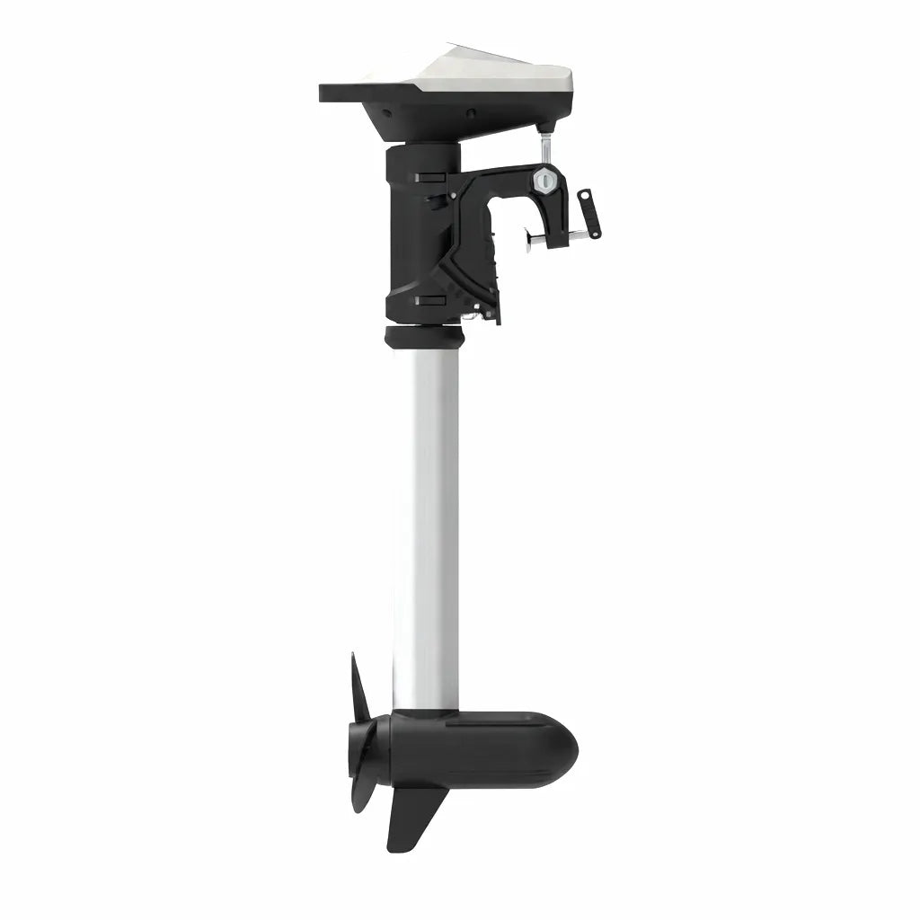AirowMarine 5 HP brushless electric outboard motor with 800mm anodized aluminum shaft and 3-blade propeller on a pure white background.