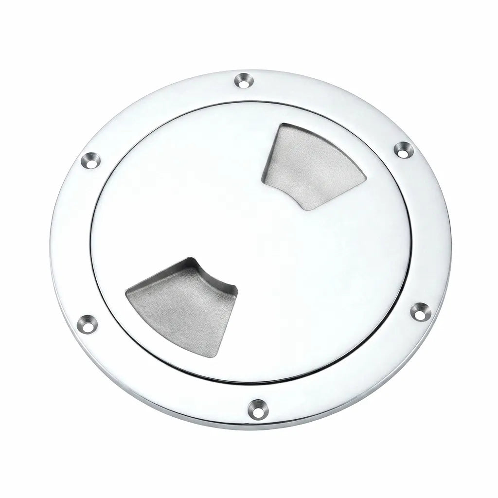 AirowMarine polished 316 marine-grade stainless steel 6-inch round deck hatch cover with two integrated textured anti-slip handhold grips and eight countersunk screw holes.