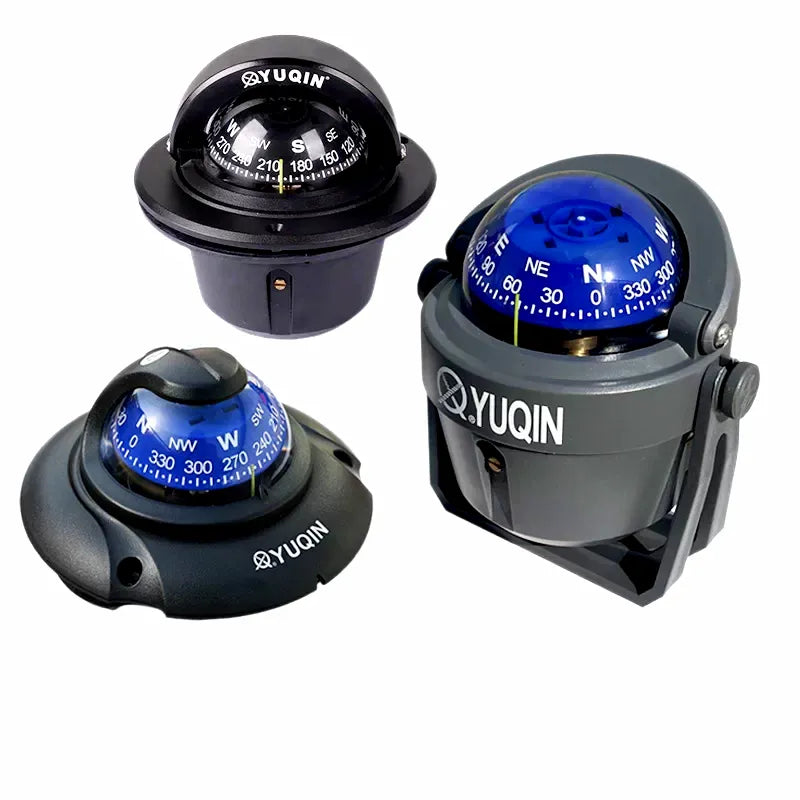 Three Yuqin marine magnetic compasses with different mounting styles: flush mount, bracket mount, and dash mount. All feature clear or blue domes and black or dark grey housings on a pure white background.