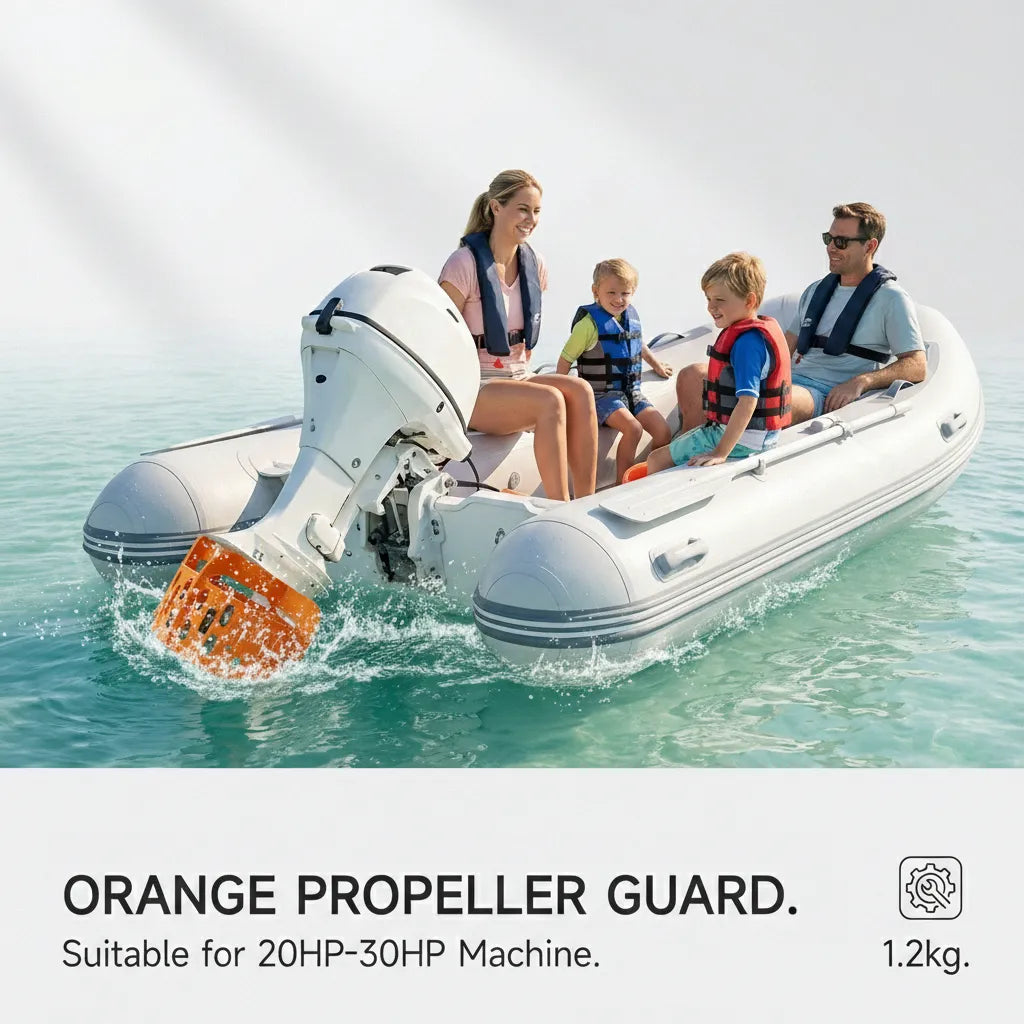 A white inflatable dinghy on the ocean with a family, featuring an orange AirowMarine propeller guard installed on the outboard motor.