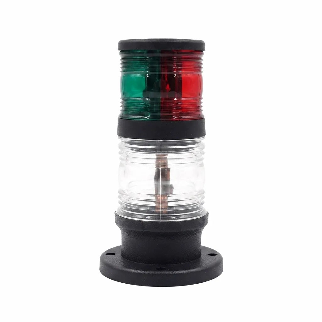 Front view of the AIROW MARINE dual-tier red and green LED navigation signal light with clear housing and black reinforced polymer base, suitable for marine vessels.