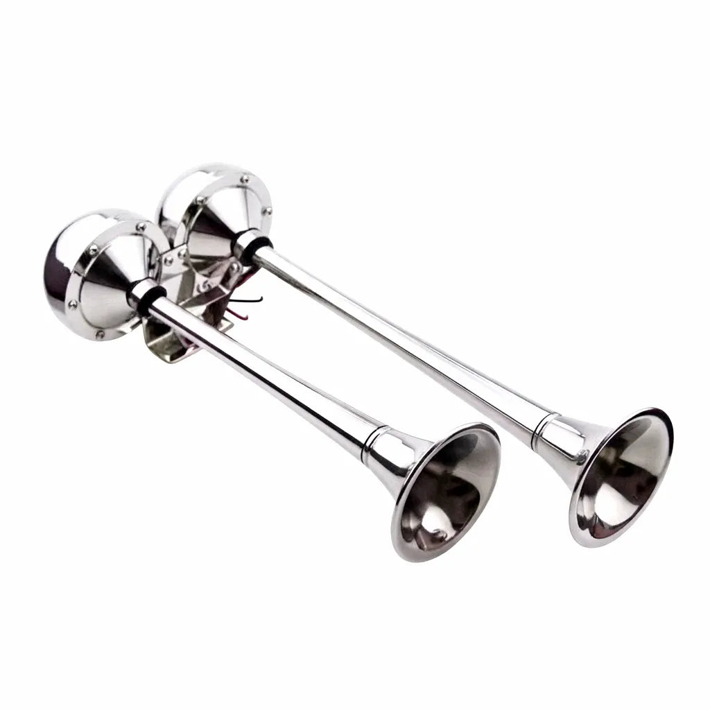 Highly polished 304 stainless steel dual trumpet marine electric horn set for boats and yachts