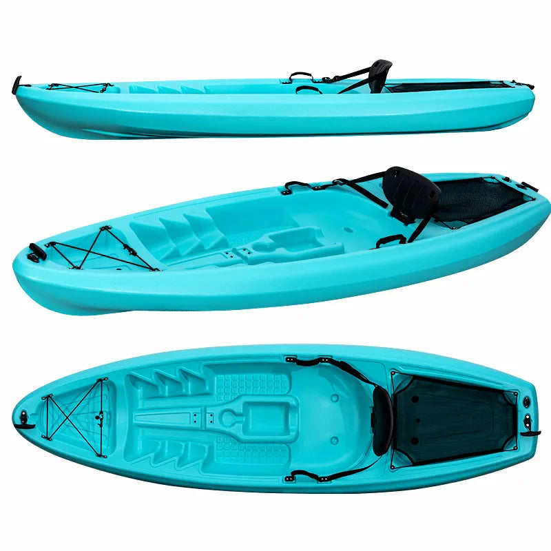 AirowMarine HDPE Blow-Molded Kayak in Aqua Blue from Side, Top, and Bottom Profiles