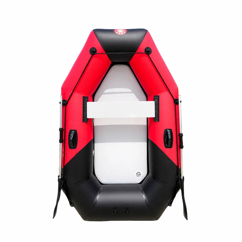 Top-down view of the AirowMarine Heavy-Duty Inflatable Fishing Boat in red and black, featuring a rigid drop-stitch floor and robust PVC construction.