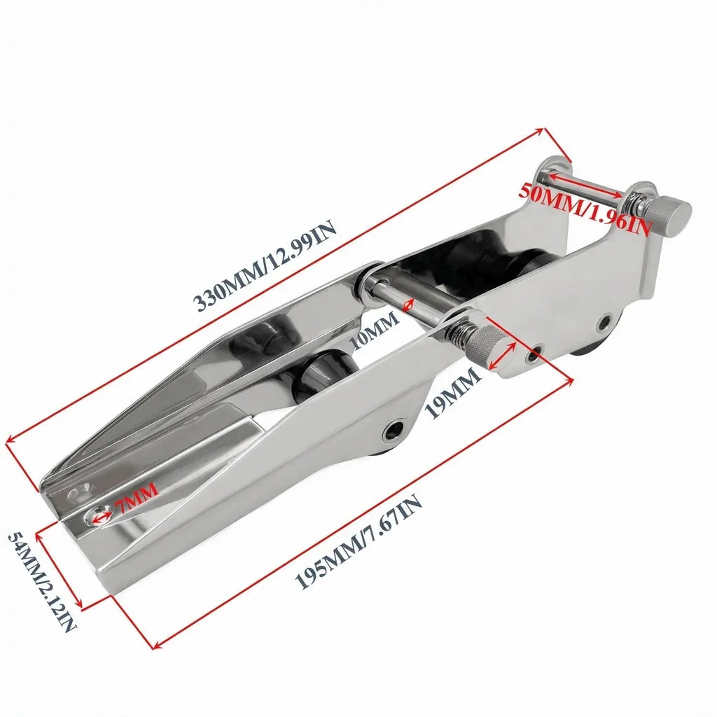 Detailed dimension diagram showing the 330mm length, 195mm hinge point, and 54mm width of the marine anchor roller.