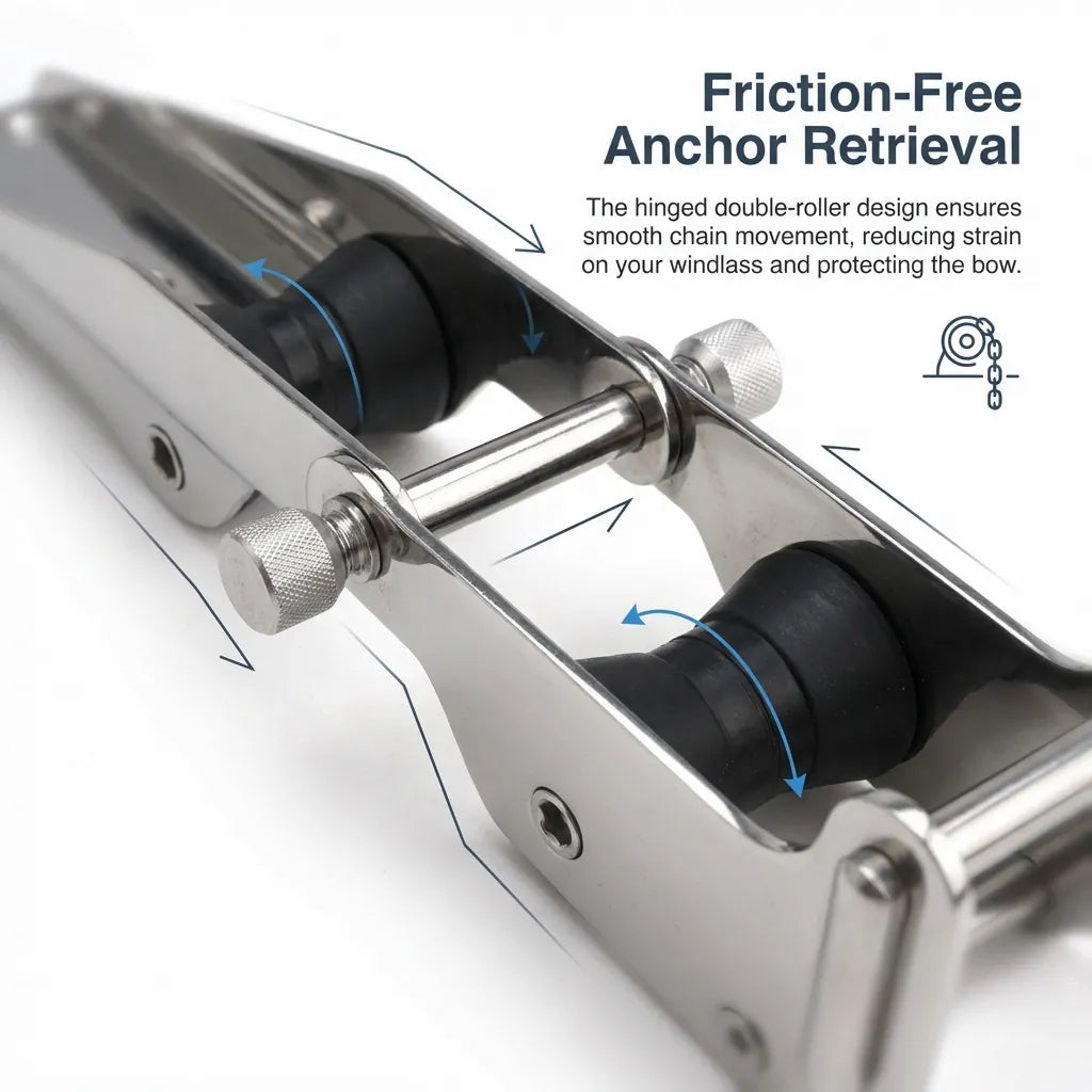 Close-up detail illustrating the friction-free anchor retrieval process using a pivoting double-roller design for smooth chain movement.