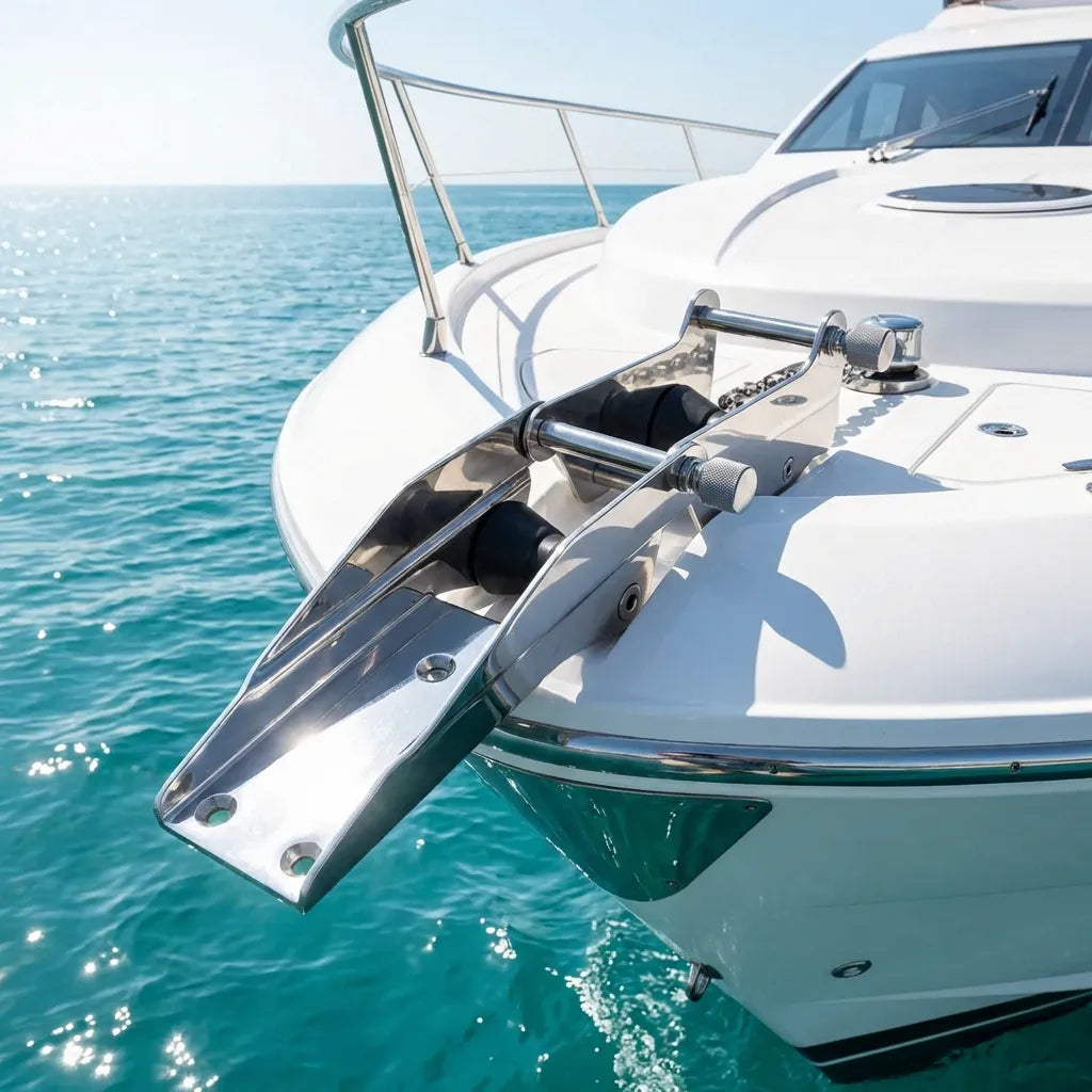 Close-up lifestyle view of the hinged bow roller installed on the white fiberglass bow of a luxury yacht in clear blue water.