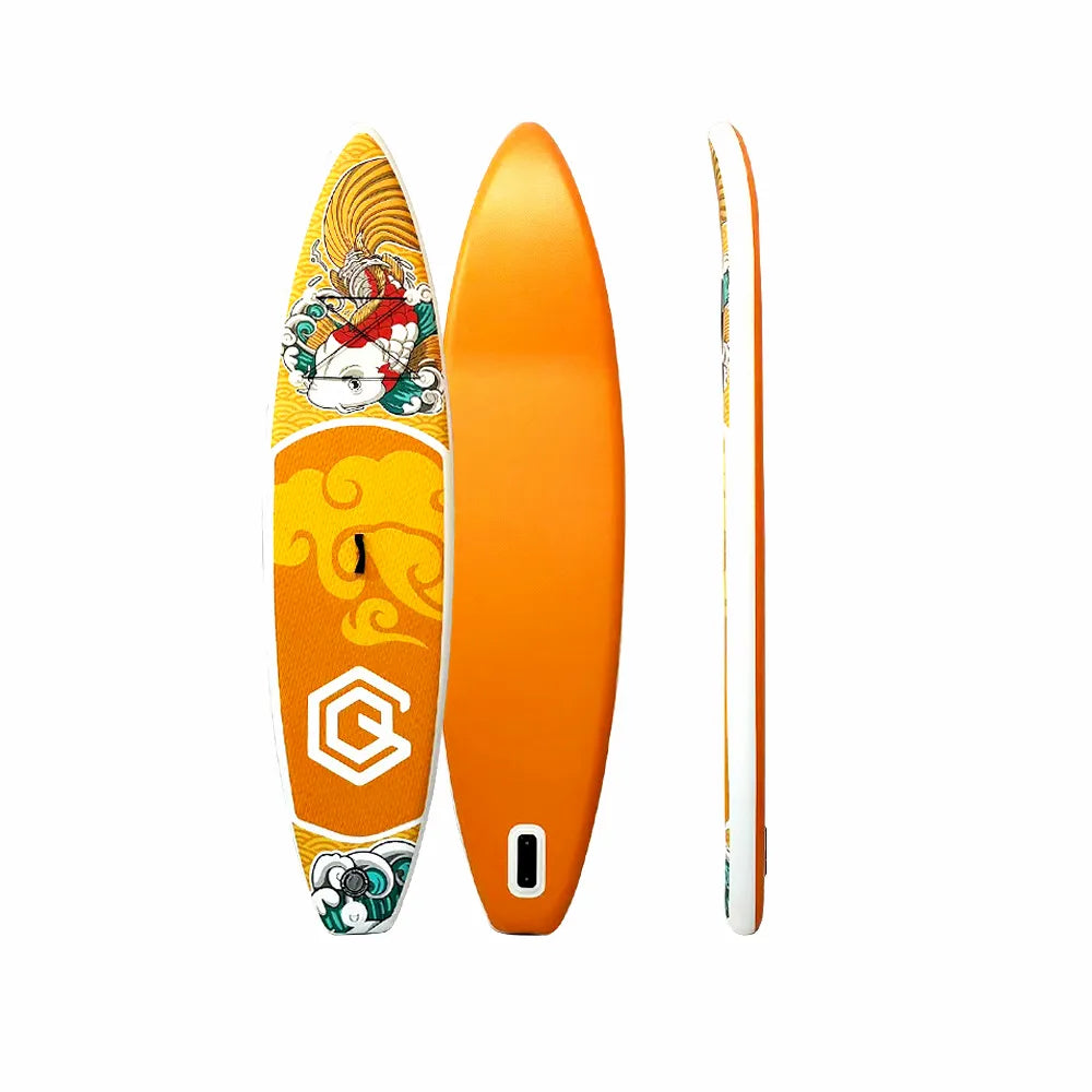 Inflatable SUP Paddleboard with Artistic Koi Graphic Top, Plain Orange Bottom, and Side Profile on White Background