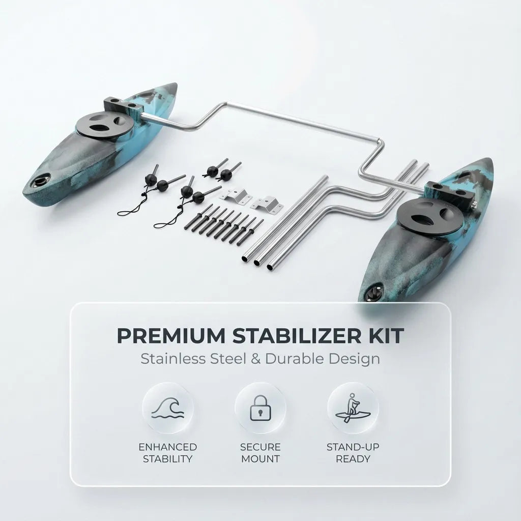 Complete kayak stabilizer kit including 2 LLDPE pontoons, stainless steel crossbars, pressure plates, and mounting hardware.