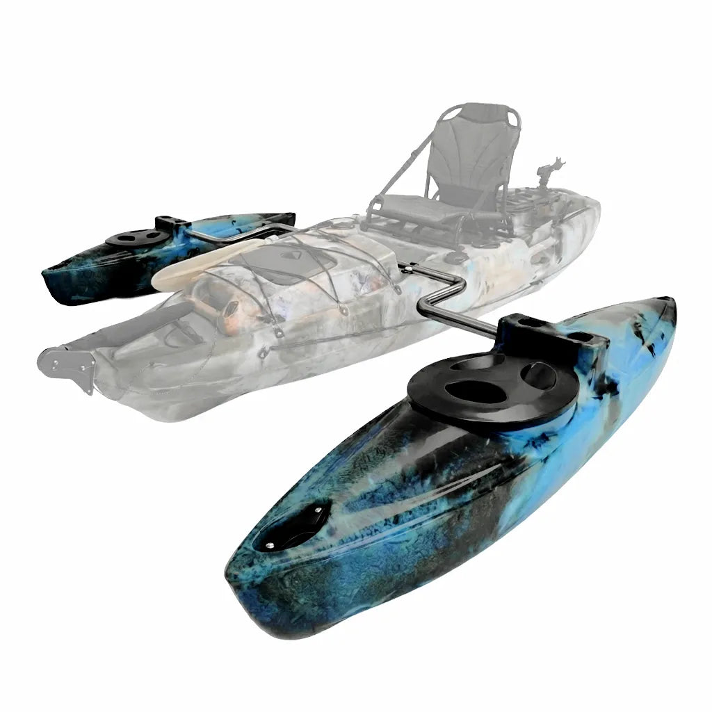 AirowMarine LLDPE Kayak Stabilizer System featuring blue camo outrigger pontoons and polished stainless steel mounting arms on a white background with a ghosted kayak outline.