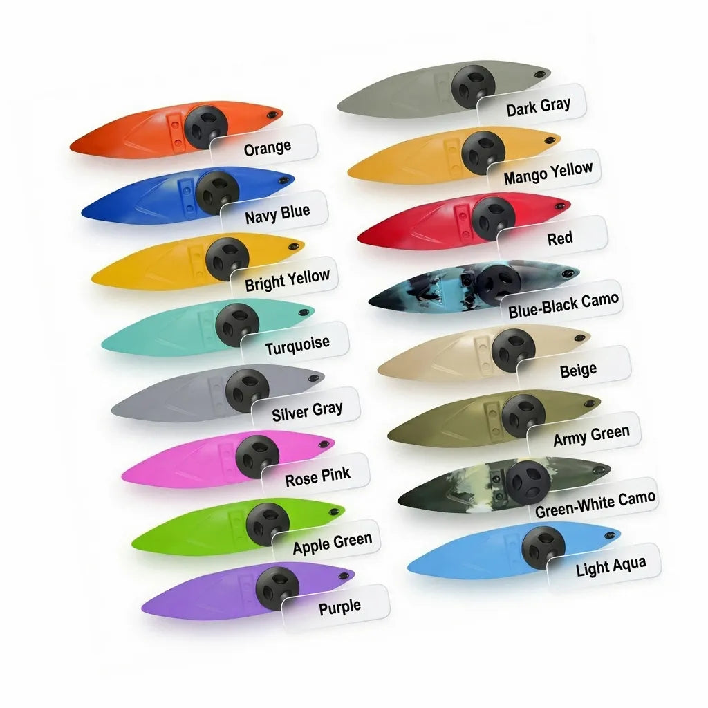 Grid displaying various color options for the kayak outriggers including Orange, Navy Blue, Purple, and Green-White Camo.