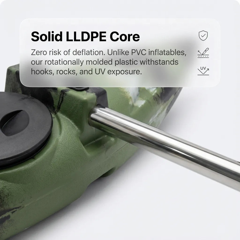 Macro shot of the stainless steel arm inserted into the green camo LLDPE shell, emphasizing UV and hook resistance.