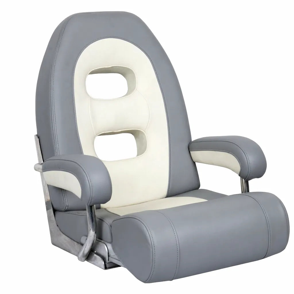 AirowMarine premium grey and cream PU leather marine boat seat with folding leg rest, fixed low-back support, and polished 316 stainless steel frame on a white background.