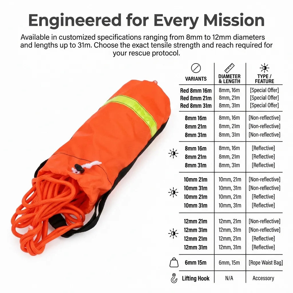 Detailed specification table for AirowMarine rescue ropes showing tensile strength, diameter, and length options up to 31m.