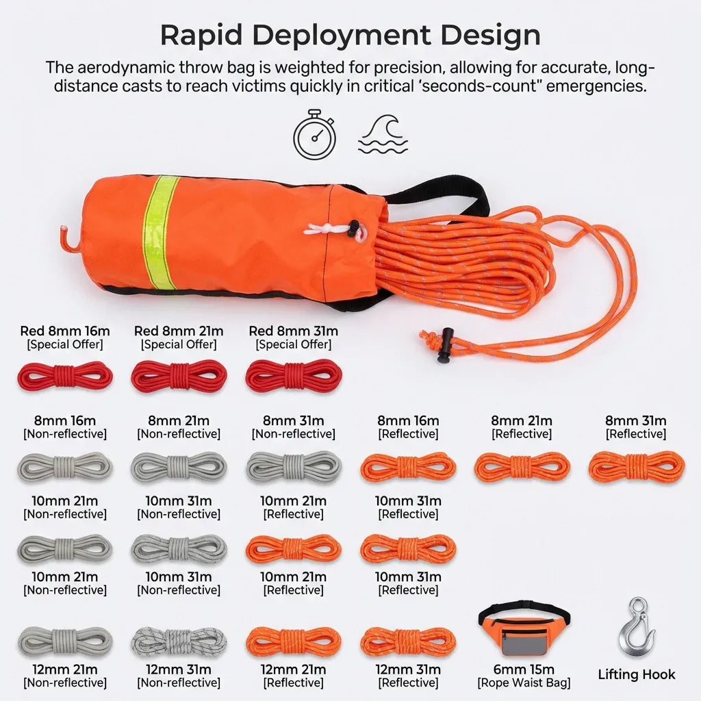 Infographic showcasing the aerodynamic weighted bag design for precision casting and long-distance rescue deployment.