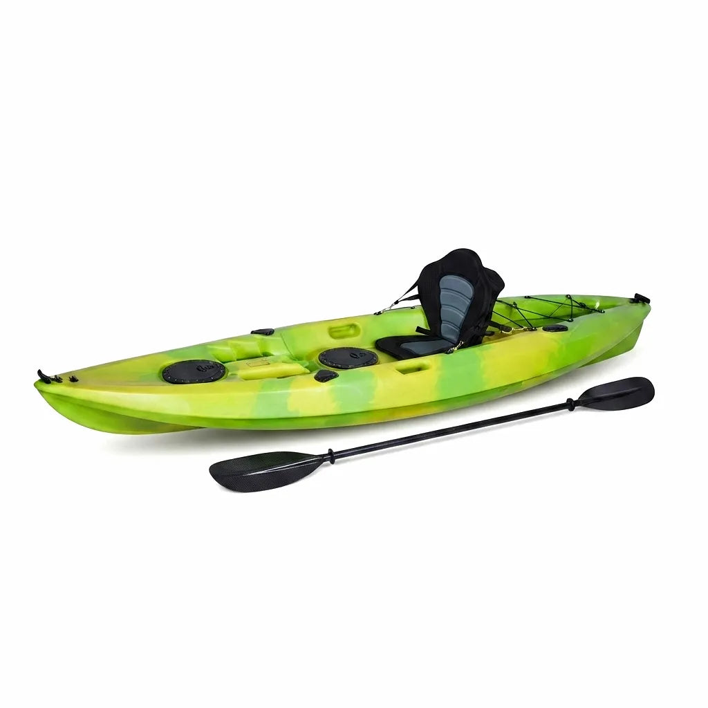 AirowMarine single-person rotomolded sit-on-top kayak in lime green and yellow, with a black padded seat and black kayak paddle, on a pure white background.