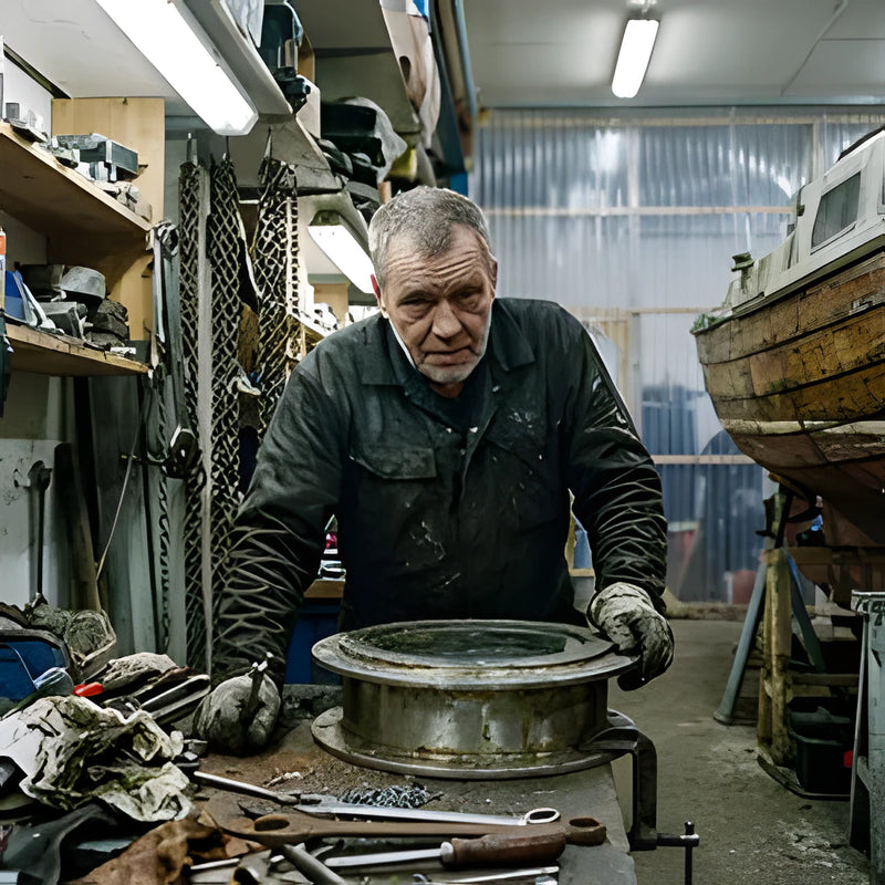 Marine restoration specialist inspecting a stainless steel boat fitting