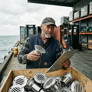 An Australian fleet manager checking a bulk order of AirowMarine stainless steel scupper drains at a port loading dock, demonstrating large-scale B2B supply capability.