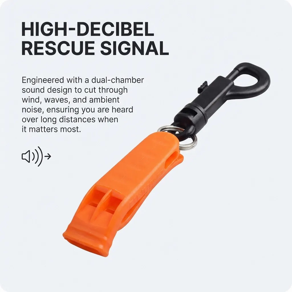 Diagram explaining the high-decibel dual-chamber sound design engineered to cut through wind, waves, and ambient noise.