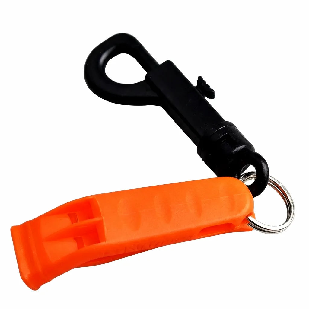 High-visibility orange AirowMarine WHS-317 safety whistle with 360-degree swivel snap hook on a white background.