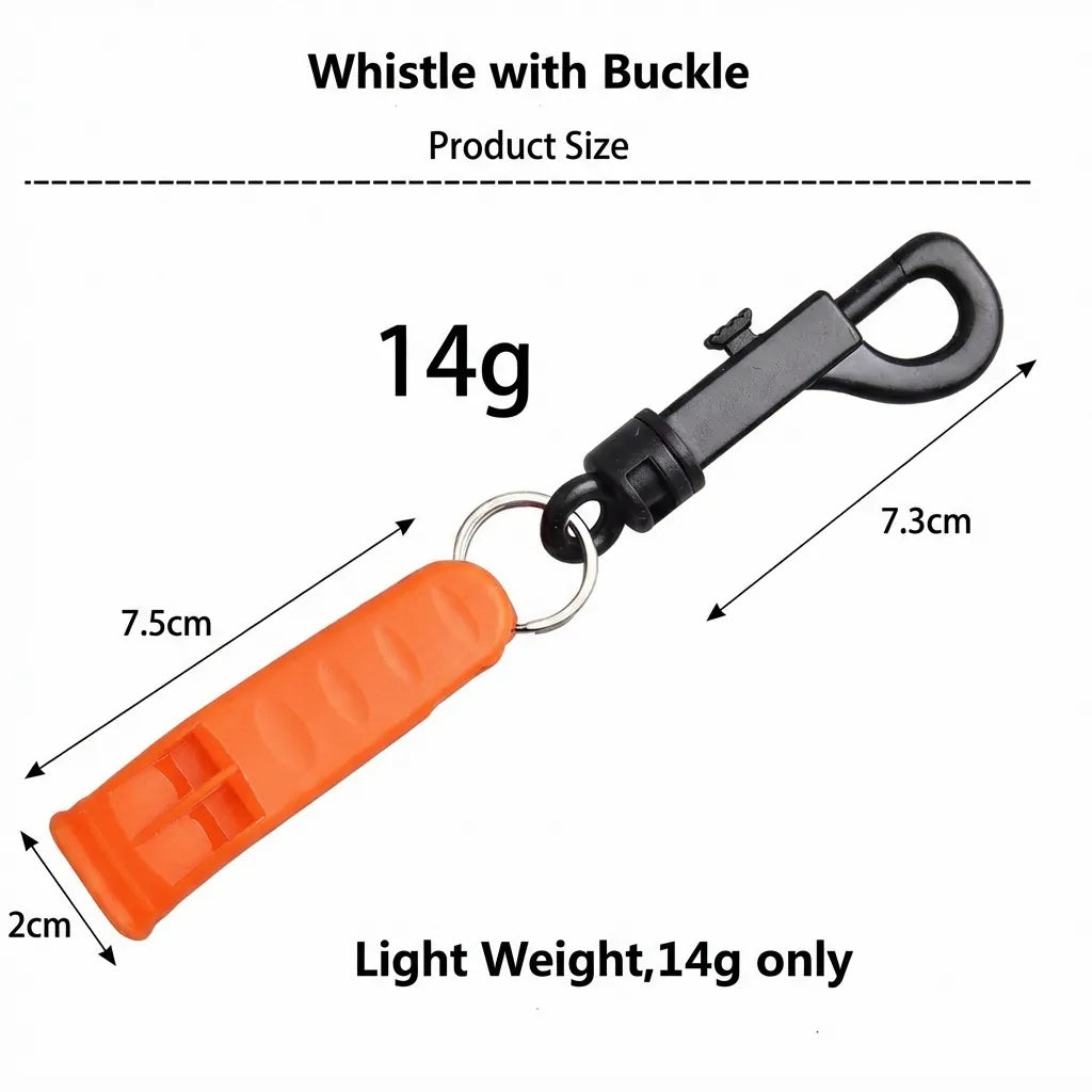 Technical dimension drawing showing 7.5cm whistle length, 7.3cm clip length, and 14g total weight.