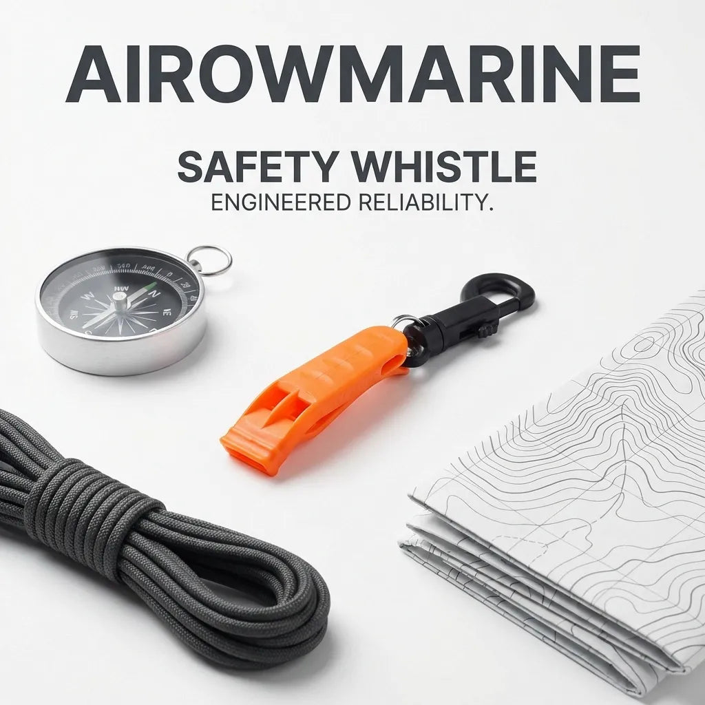 Safety whistle displayed alongside survival essentials including a compass, map, and tactical paracord.