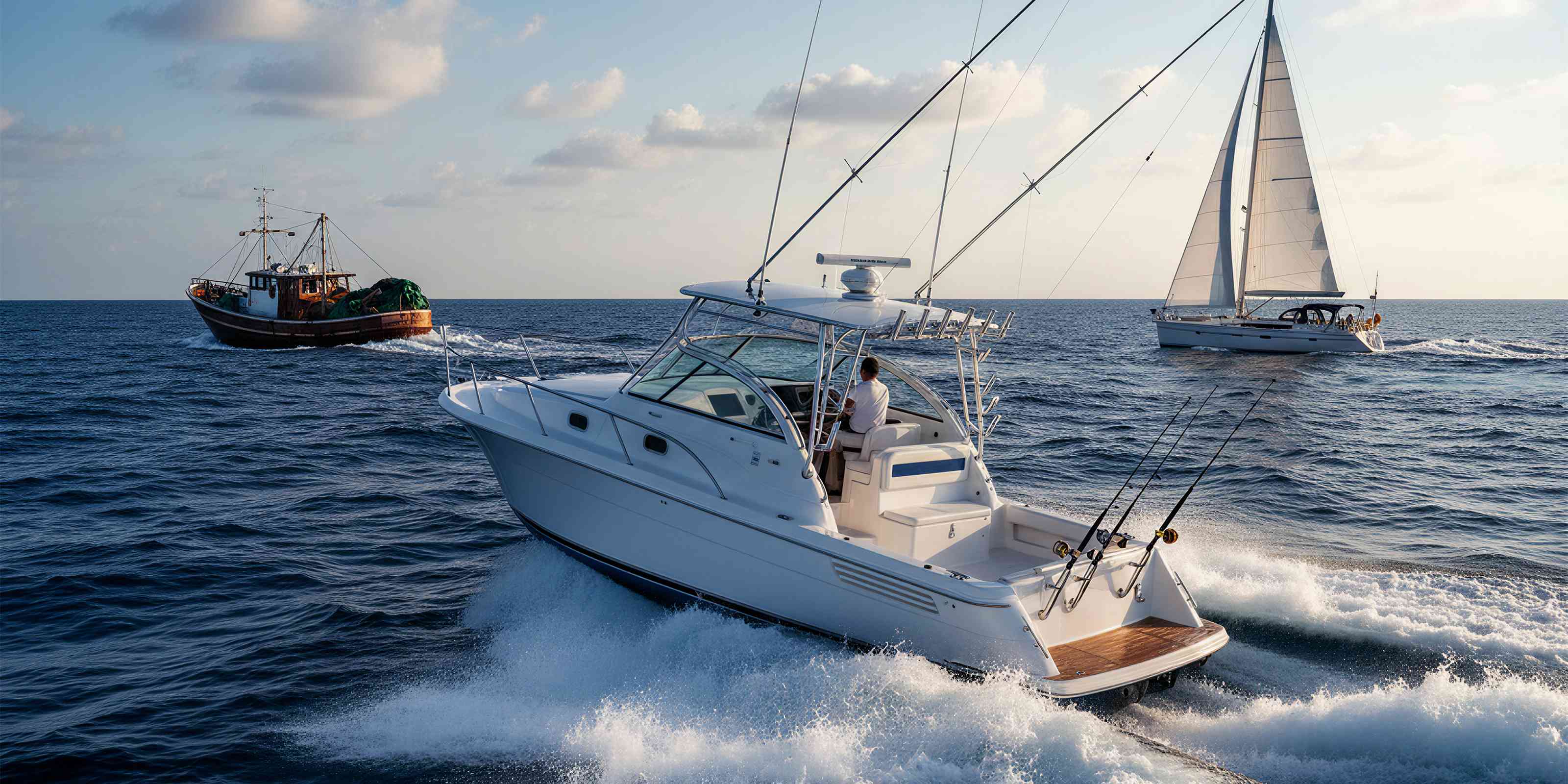 A group of various vessels cruising together on the deep blue ocean, representing a complete range of marine solutions for every boat type.