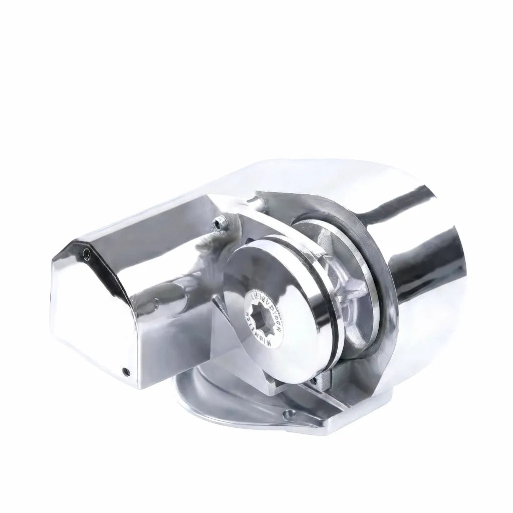 AirRowMarine Electric Anchor Windlass, horizontal mount, crafted from polished 316 Stainless Steel, shown on a pure white background, showcasing its compact and robust design.