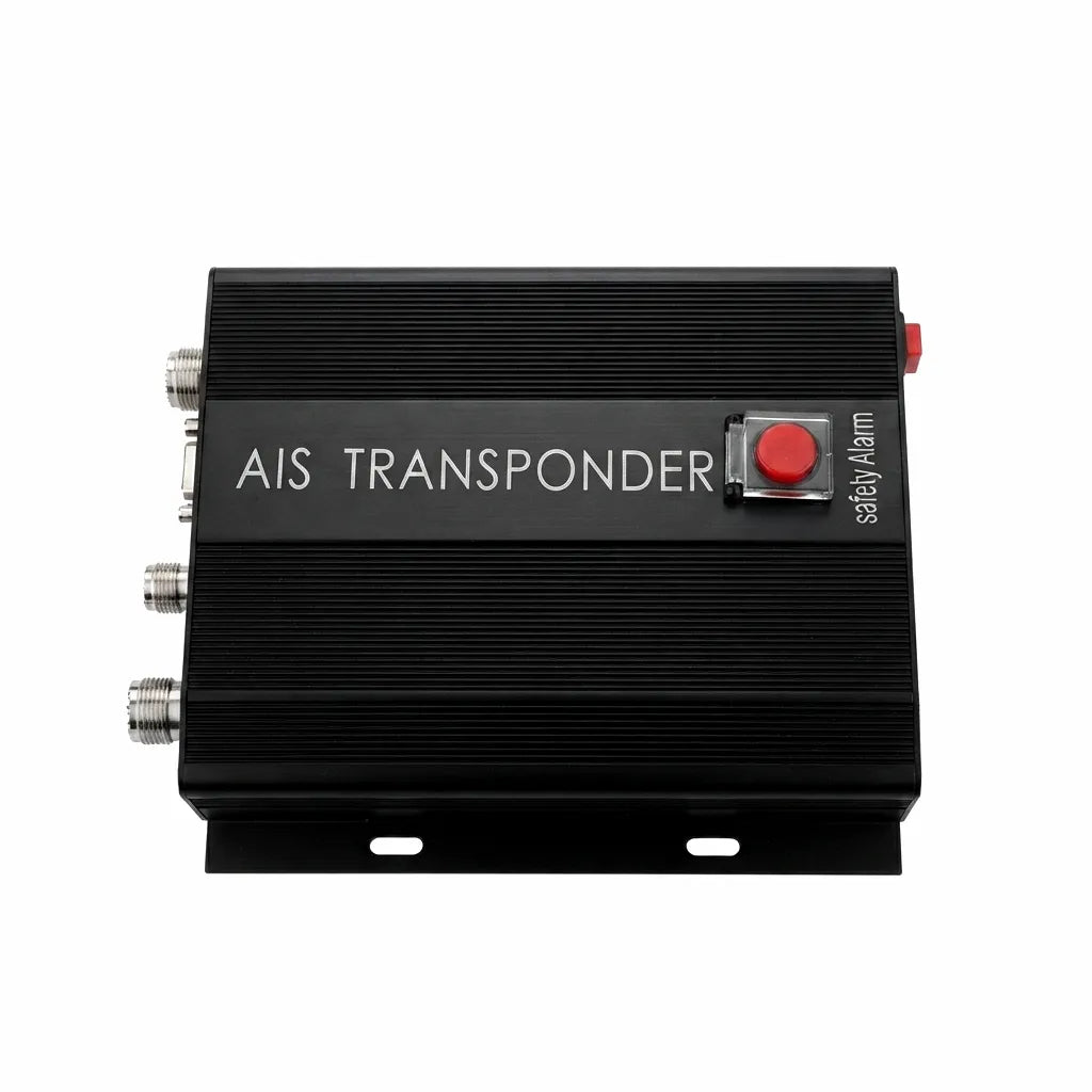AirowMarine HA-102 AIS Class B Transponder unit, black anodized aluminum enclosure, with visible coaxial and NMEA data ports, and red 'safetyAlarm' button.