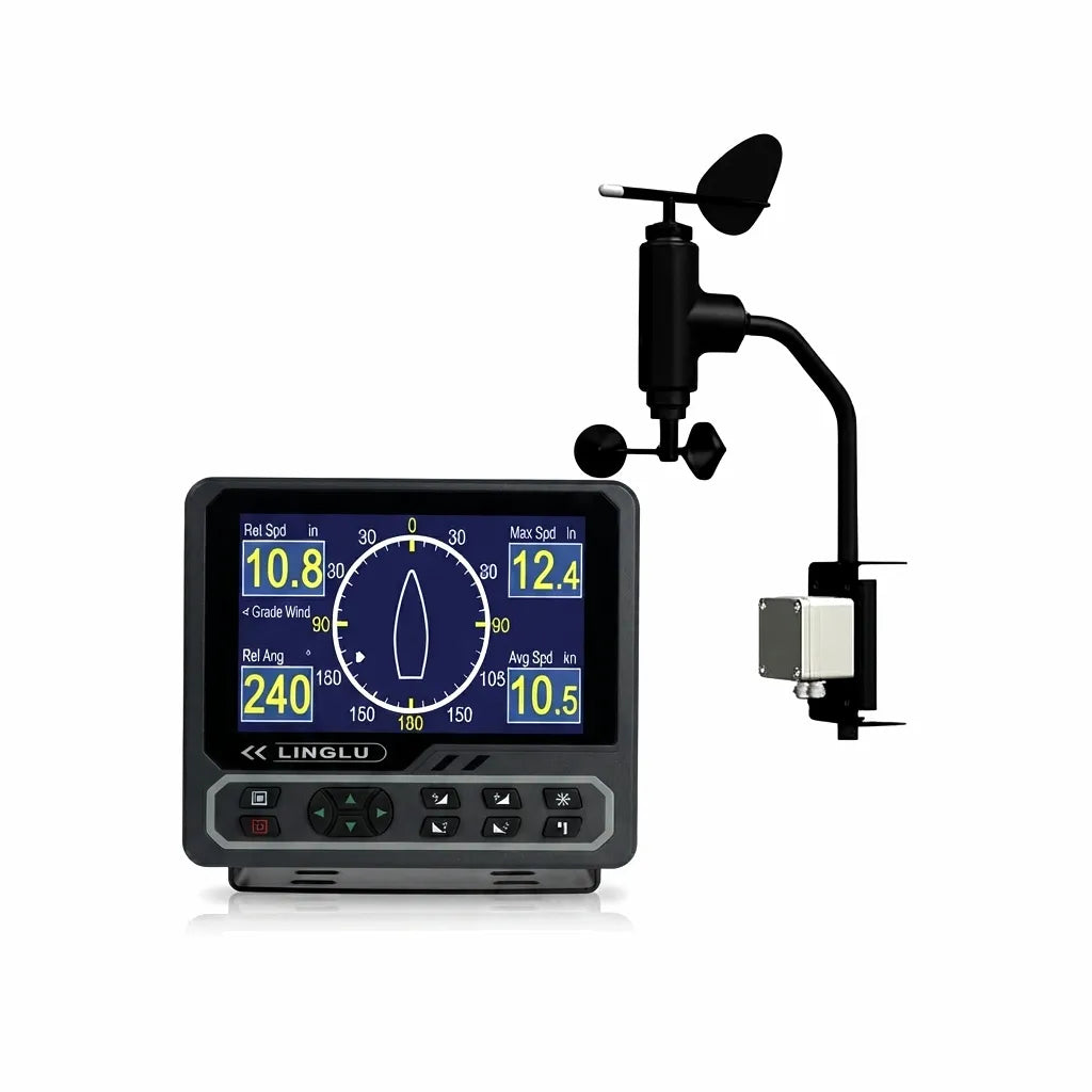 AIROW MARINE AM708 Marine Wind Speed and Direction Sensor with 8.4-inch TFT display and remote anemometer unit on a pure white background, showcasing real-time wind data.
