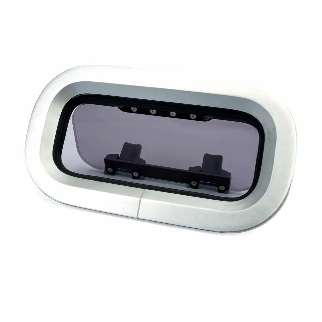 Anodized aluminum opening portlight for marine vessels featuring a high-precision cast alloy frame and tinted pressure-resistant acrylic window on a white background.