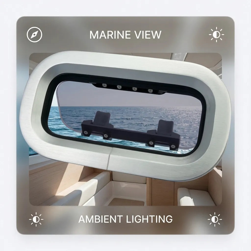Interior view of a boat cabin looking through the openable marine portlight at the ocean, demonstrating natural lighting and ventilation capabilities.