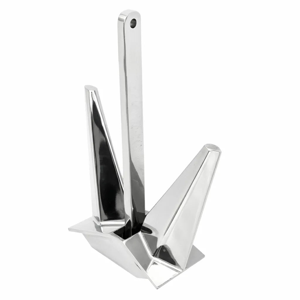 A professional hero shot of a 12kg Bauer N-Type Plow Boat Anchor made from mirror-polished 316 stainless steel against a pure white background.