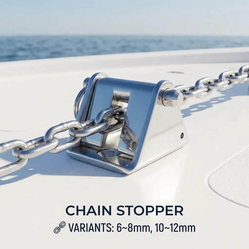 Close-up of the chain stopper installed on a white boat deck securing a heavy-duty anchor chain under tension.