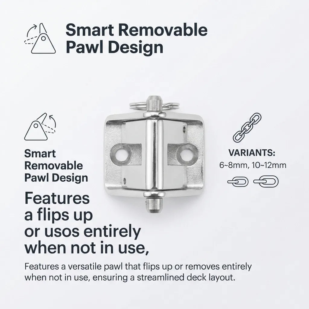 Top-down view of the removable pawl design showing the quick-release pin and safety ring for easy chain release.