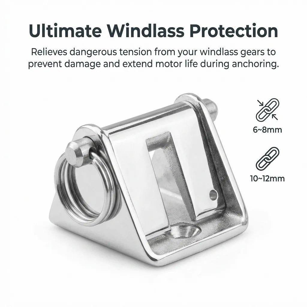 Infographic explaining how the chain stopper relieves tension from windlass gears to extend motor life.