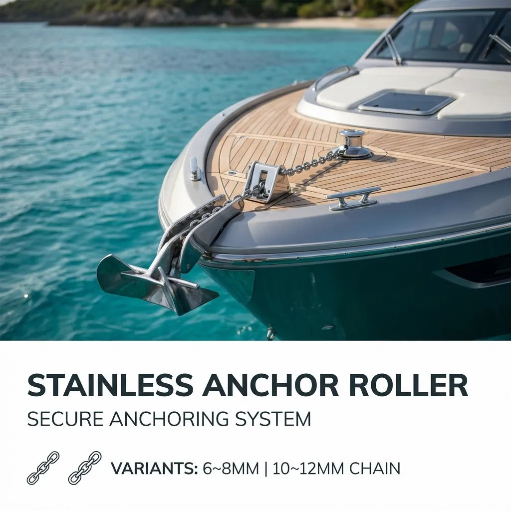 The 316 stainless steel anchoring system including roller and stopper mounted on the bow of a luxury yacht at sea.