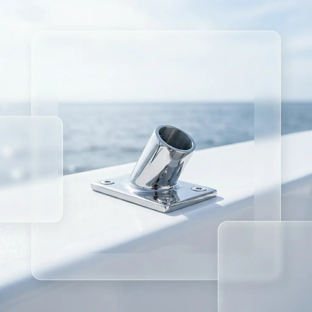 The rectangular base boat rail fitting mounted on the gunwale of a vessel with the open blue ocean in the background.