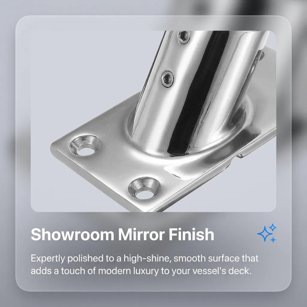 Extreme close-up showing the showroom mirror finish and set screw holes of the high-grade marine steel fitting.